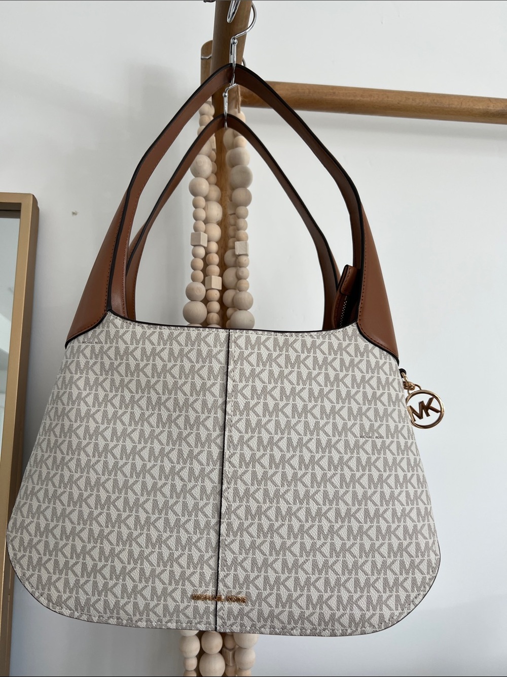 Michael Kors Beige Monogram Shoulder Bag with Brown Trim